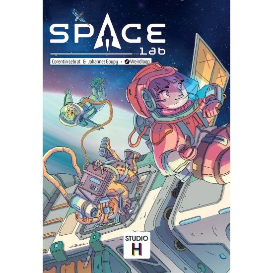 Space Lab board game cover showing an international space station orbiting Earth with various astronaut and science cards