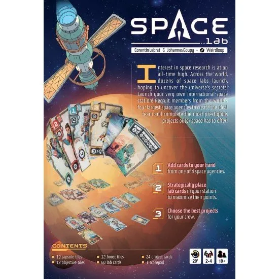 Space Lab board game cover showing an international space station orbiting Earth with various astronaut and science cards