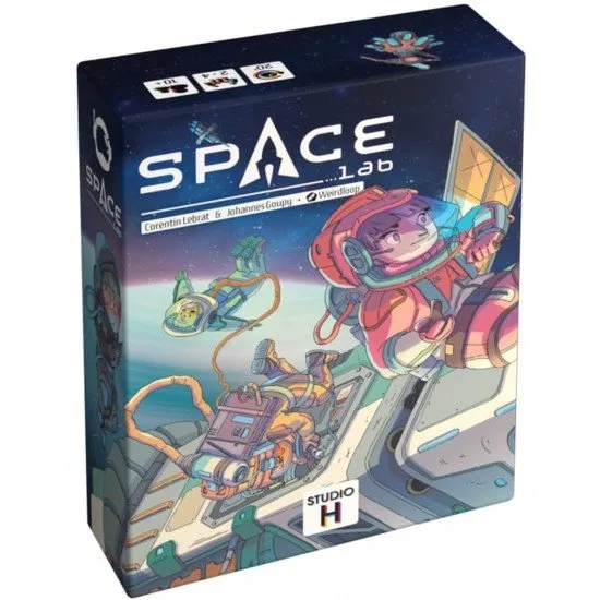 Space Lab board game cover showing an international space station orbiting Earth with various astronaut and science cards