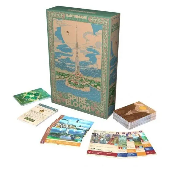 An Earthborne Rangers expansion card box featuring beautiful eco-fantasy artwork of a thriving, verdant valley community surrounding a large spire structure