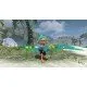 An Inkling mechanic and an Exploration Bot battling waves of Salmonids on a tropical island beach
