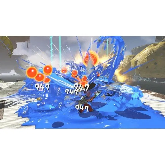 An Inkling mechanic and an Exploration Bot battling waves of Salmonids on a tropical island beach