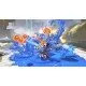 An Inkling mechanic and an Exploration Bot battling waves of Salmonids on a tropical island beach