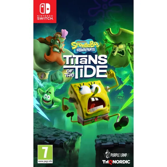 The box art for SpongeBob SquarePants: Titans of the Tide on Switch, showing SpongeBob and Patrick with a spooky, ghostly glow.