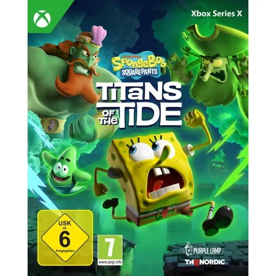The box art for SpongeBob SquarePants: Titans of the Tide on Xbox Series X, showing SpongeBob and Patrick with a spooky, ghostly glow.