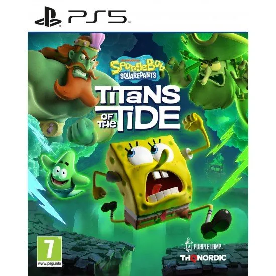 The box art for SpongeBob SquarePants: Titans of the Tide on PS5, showing SpongeBob and Patrick with a spooky, ghostly glow.