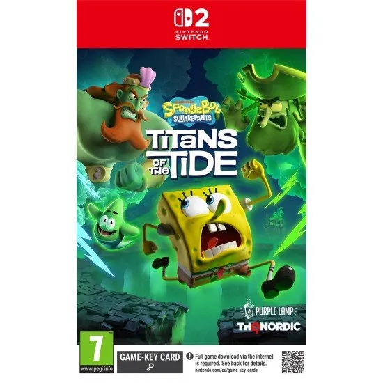 The box art for SpongeBob SquarePants: Titans of the Tide on Switch 2, showing SpongeBob and Patrick with a spooky, ghostly glow.