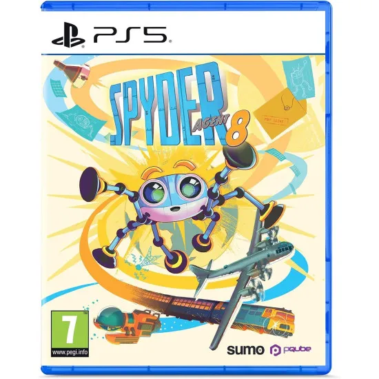 A PlayStation 5 game case depicting a small, metallic blue robot spider equipped with gadgets crawling along a highly detailed dashboard inside a vintage retro spy vehicle