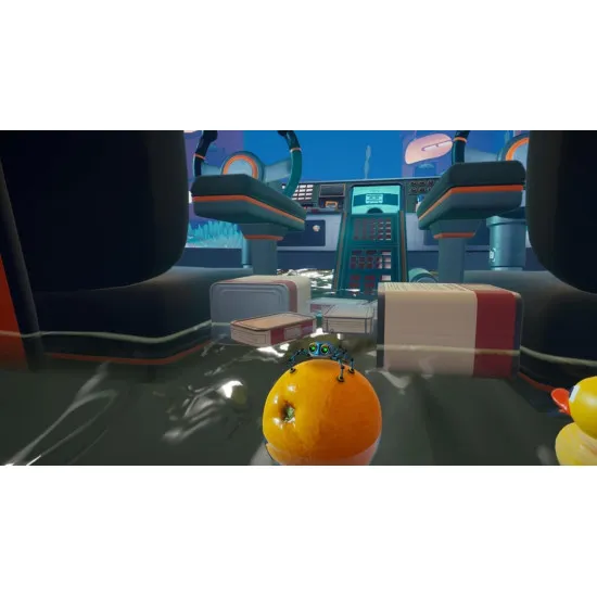 A PlayStation 5 game case depicting a small, metallic blue robot spider equipped with gadgets crawling along a highly detailed dashboard inside a vintage retro spy vehicle