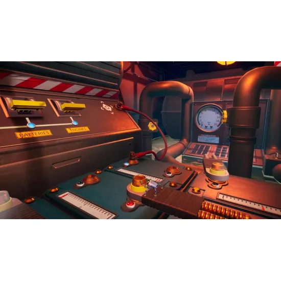A PlayStation 5 game case depicting a small, metallic blue robot spider equipped with gadgets crawling along a highly detailed dashboard inside a vintage retro spy vehicle
