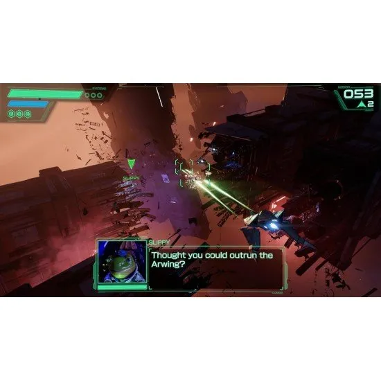 Star Fox Nintendo Switch 2 game showing Fox McCloud's Arwing in cinematic space combat against Andross forces