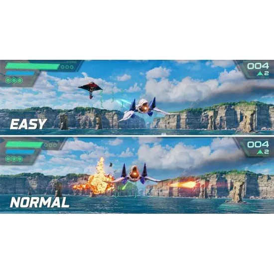 Star Fox Nintendo Switch 2 game showing Fox McCloud's Arwing in cinematic space combat against Andross forces