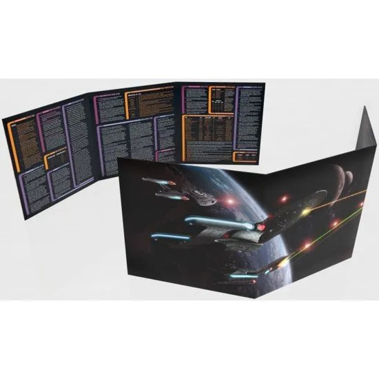 Star Trek Adventures RPG Gamemaster Screen showing the three-panel exterior artwork featuring Starfleet and Romulan ships