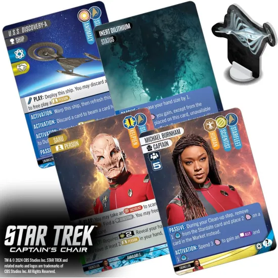 Star Trek Captain's Chair asymmetric 2-player card game box featuring six iconic Star Trek captains artwork