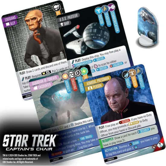 Star Trek Captain's Chair asymmetric 2-player card game box featuring six iconic Star Trek captains artwork
