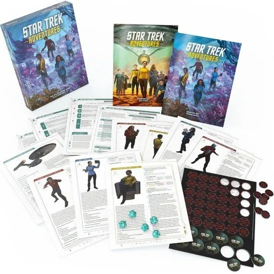 The box art for the Star Trek Adventures: The Roleplaying Game Starter Set, showing a starship and the included character and dice.