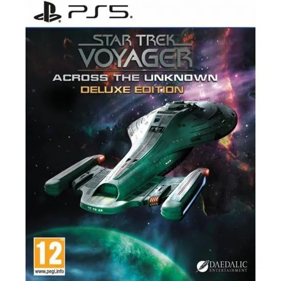 The U.S.S. Voyager navigating a colourful nebula with a Borg Cube looming in the distance