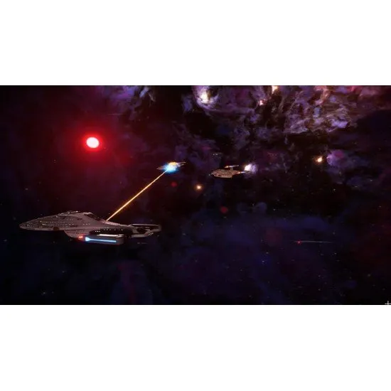 The U.S.S. Voyager navigating a colourful nebula with a Borg Cube looming in the distance