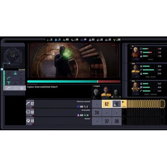 The U.S.S. Voyager navigating a colourful nebula with a Borg Cube looming in the distance