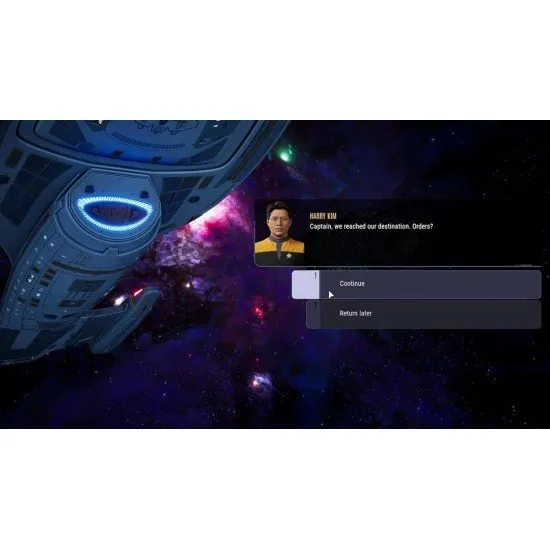 The U.S.S. Voyager navigating a colourful nebula with a Borg Cube looming in the distance