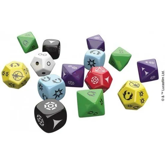 A set of fourteen Star Wars-themed roleplaying dice in various colors, each with unique symbols, from the Edge of the Empire RPG system.