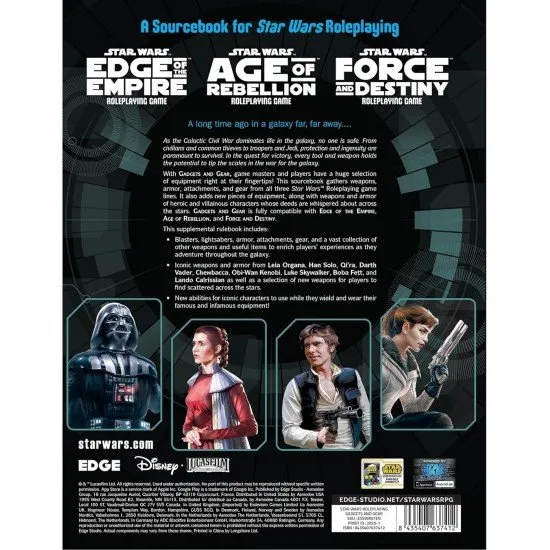 A high-quality hardcover roleplaying book featuring various blasters, droids, and armoured suits from the Star Wars universe