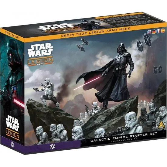 Star Wars Legion Galactic Empire Starter Set box showing Darth Vader leading Stormtroopers and TIE Fighters