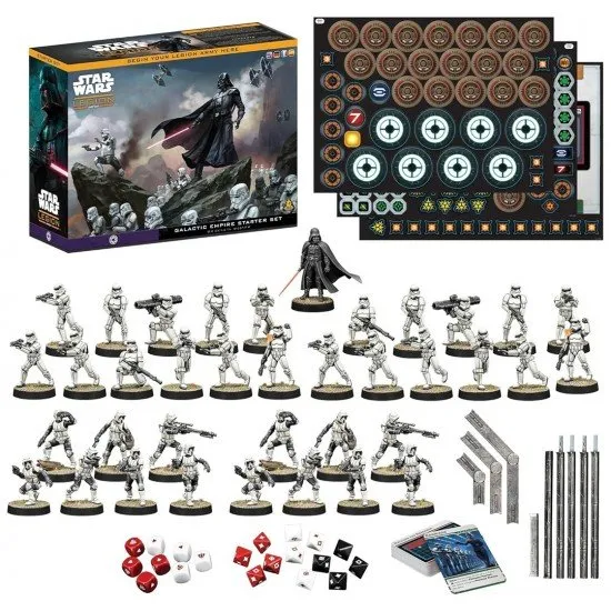 Star Wars Legion Galactic Empire Starter Set box showing Darth Vader leading Stormtroopers and TIE Fighters