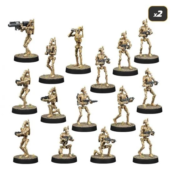 Unpainted miniatures of General Grievous, B1 and B2 Battle Droids, and Droidekas alongside movement tools and dice