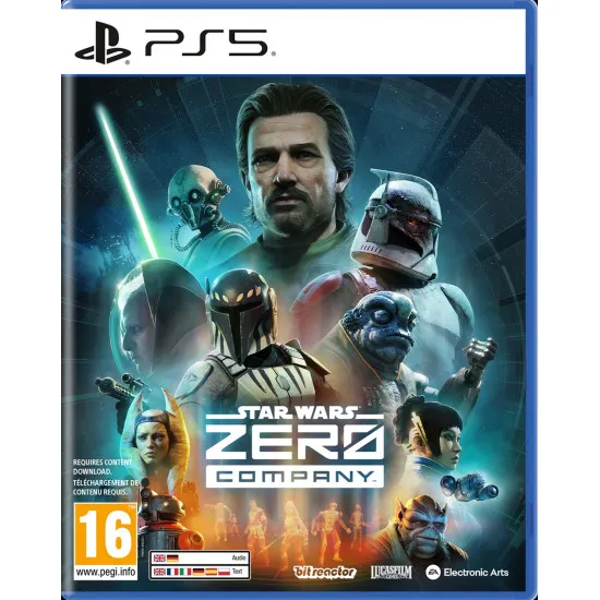 A PlayStation 5 game case depicting an elite tactical squad navigating a smoky industrial hangar bay while an astromech droid sets up an explosive perimeter trap
