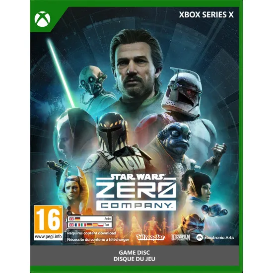 An Xbox Series X game case showing a rugged former Republic officer named Hawks directing a tactical squad of scoundrels, droids, and a rogue Jedi against a backdrop of Separatist forces