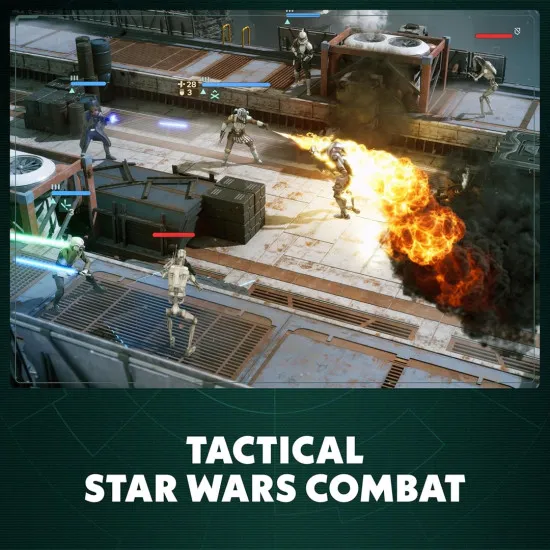 An Xbox Series X game case showing a rugged former Republic officer named Hawks directing a tactical squad of scoundrels, droids, and a rogue Jedi against a backdrop of Separatist forces