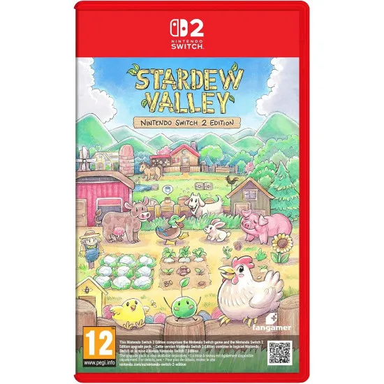 Nintendo Switch 2 game case for Stardew Valley displaying a peaceful farm scene with crops, livestock, and a charming wooden farmhouse