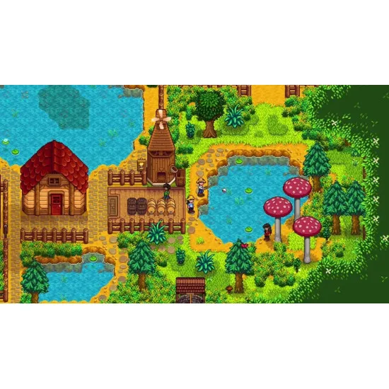 Nintendo Switch 2 game case for Stardew Valley displaying a peaceful farm scene with crops, livestock, and a charming wooden farmhouse
