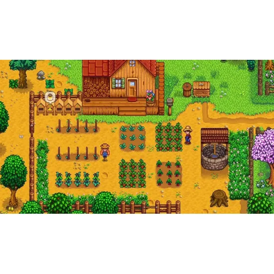 Nintendo Switch 2 game case for Stardew Valley displaying a peaceful farm scene with crops, livestock, and a charming wooden farmhouse