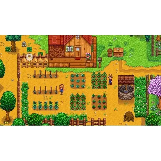 The Nintendo Switch box art for Stardew Valley, featuring a peaceful farm scene with characters, crops, and animals.