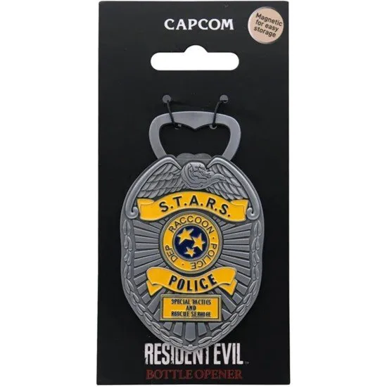 Metal S.T.A.R.S. police badge bottle opener with the Raccoon City Special Tactics and Rescue Service emblem