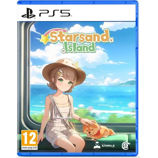 PlayStation 5 game case for Starsand Island showing an anime style coastal farm, retro scooter, and tropical scenery