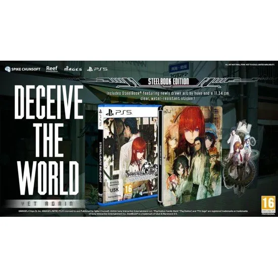 A PlayStation 5 premium metal Steelbook case displaying the main characters Kurisu, Okabe, and Mayuri surrounded by glowing temporal clock faces and metallic gears