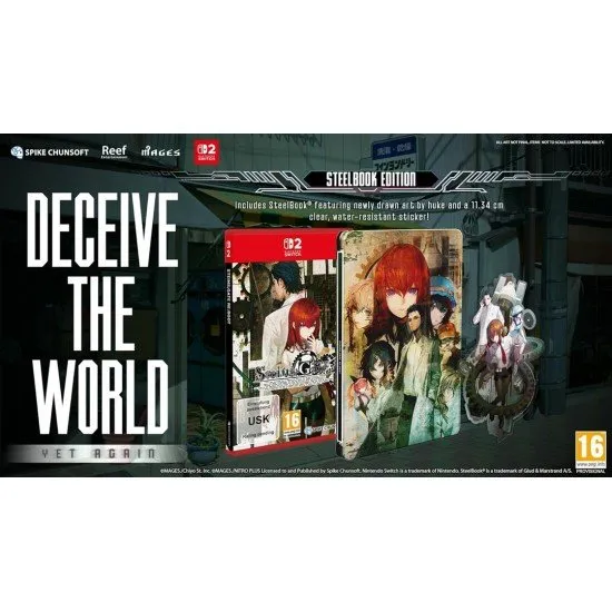 A premium metallic Steelbook case for Steins Gate Re Boot showing Kurisu Makise and Rintaro Okabe framed by intricate industrial gears and temporal satellite fragments