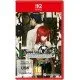 Official key art for Steins Gate Re Boot showing Kurisu Makise in the foreground with Rintaro Okabe and Mayuri Shiina framed by giant industrial gears and a fallen satellite