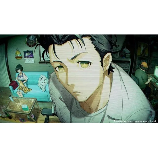 Promotional graphic for Steins Gate Re Boot displaying the main characters Kurisu, Okabe, and Mayuri surrounded by metallic gears and temporal satellite fragments