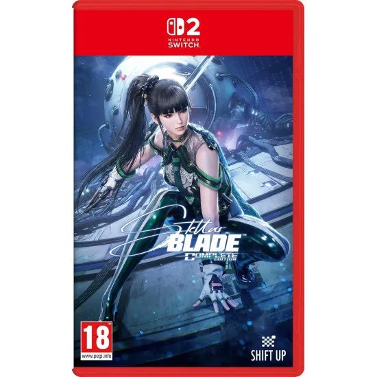 Nintendo Switch 2 game case for Stellar Blade Complete Edition showing EVE wielding her sword against a post-apocalyptic backdrop