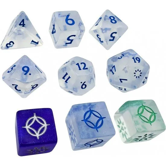 A set of specialized dice for the Cosmere RPG with Stormlight Archive branding and unique aesthetic designs