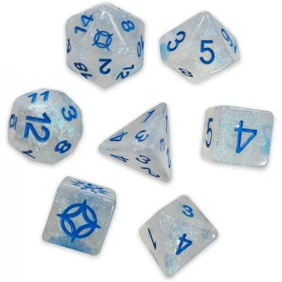A set of specialized dice for the Cosmere RPG with Stormlight Archive branding and unique aesthetic designs