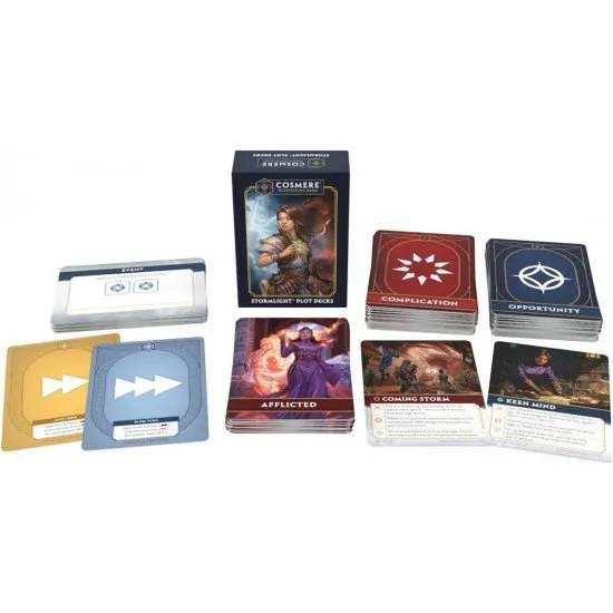 Cosmere RPG Stormlight Plot Decks including illustrated Opportunity and Complication cards alongside Initiative and Condition trackers