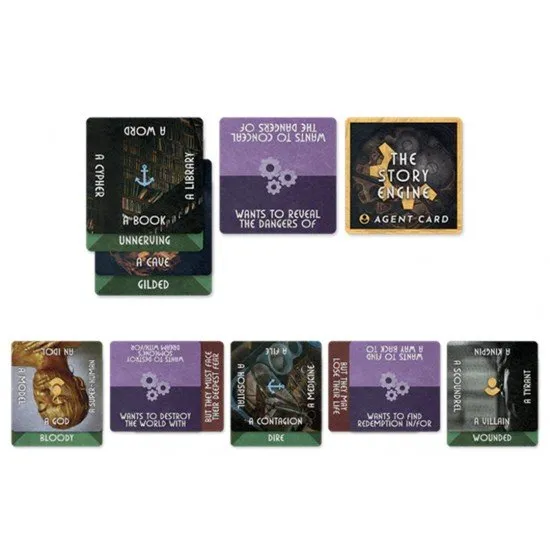The Story Engine Deck cards arranged to show a story prompt for writing or TTRPG sessions