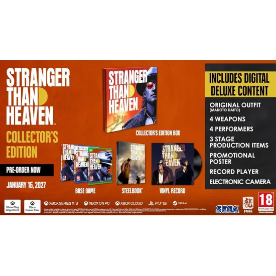 Xbox Series X game packaging for Stranger Than Heaven Collector's Edition showing collector items and vinyl record