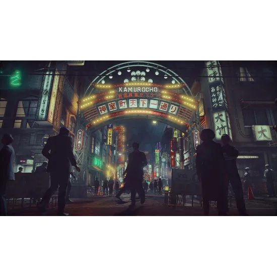 A PlayStation 5 game case showcasing an older, scar-faced man playing a guitar on a neon-lit Tokyo street corner in the mid-20th century