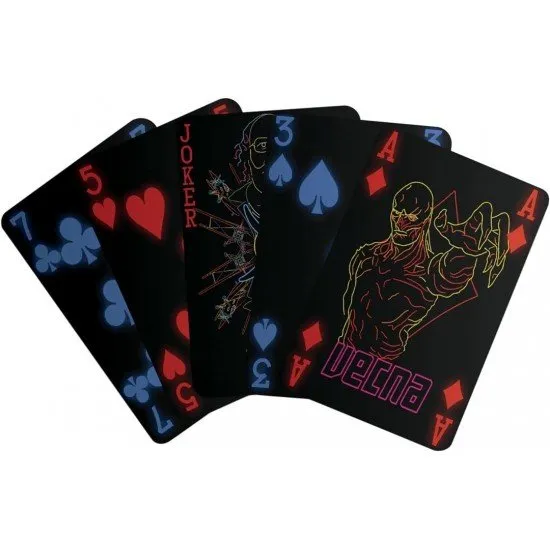 Deck of Stranger Things playing cards with neon character art on a black background